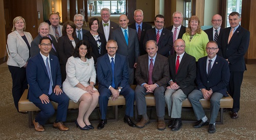 Back row (left to right): Dr. Melissa Trego (Salus/PCO), Dr. Sunny M. Sanders (CCO), Dr. Andrew Buzzelli (KYCO), Dr. Jennifer Coyle (Past-President, PUCO), Dr. David A. Heath (SUNY), Dr. Kelly Nichols (UABSO), Dr. Arol R. Augsburger (ICO), Dr. David A. Damari (President-Elect, MCO), Dr. Douglas K. Penisten (NSUOCO), Dr. Lewis Reich (SCO), Dr. Donald Jarnagin (AZCOPT), Dr. Karla Zadnik (President, OSU), Dr. Roger Boltz (not on Board), Dr. Clifford Scott (NECO). Front row (left to right): Dr. Stanley Woo (SCCOMBKU), Dawn Mancuso, (Executive Director), Dr. Andres Pagan (IAUPR), Dr. Joseph A. Bonanno (IUSO), Dr. Timothy Wingert (UIWRSO), Dr. John Flanagan (At-Large Member, UCB). Not pictured: Dr. Elizabeth Hoppe (Secretary-Treasurer, WUCO), Dr. Earl Smith (UHCO), Dr. David S. Loshin (NSU), Dr. Larry J. Davis (UMSL), Dr. Morris Berman (MCPHS). 