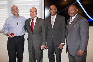Left to right: Dr. Donald Mutti; Dr. Joseph Alutto, Interim President of The Ohio State University; Dr. Melvin Shipp; and Archie Griffin, President and CEO of The Ohio State University Alumni Association. (Photo by Kevin Fitzsimons, OSU)