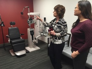 Dr. Roanne Flom, Professor of Clinical Optometry and Chief, Low Vision Rehabilitation Service (left), and Dr. San-San Cooley, Clinical Assistant Professor, recently toured the newly renovated Binocular Vision/Pediatrics and Low Vision clinics with other faculty and staff members at The Ohio State University College of Optometry.