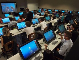 Kentucky College of Optometry students use interactive 3-D computers in the virtual reality lab on campus.